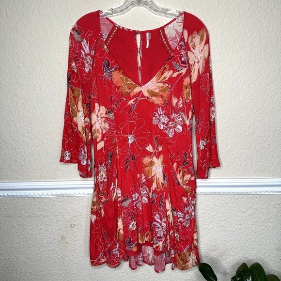 Free People SZ 4 Floral Midi Dress Pockets 3/4 Sleeve Flowy Cottage Coral - Picture 1 of 11